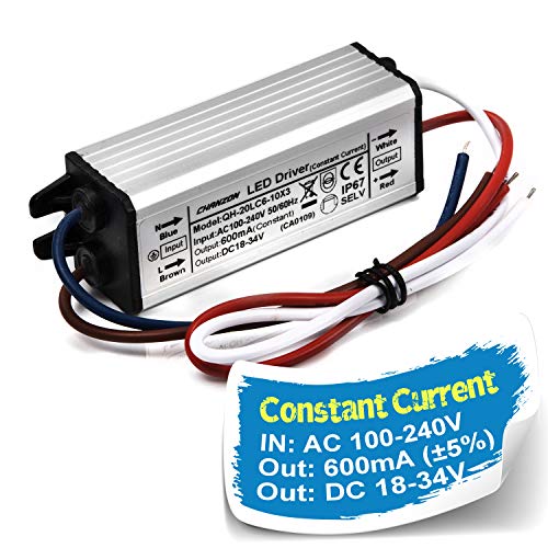 Chanzon LED Driver 600mA (Constant Current Output) 18V-34V (in:100-240V AC-DC) (6-10) x3W 18W 20W 24W 30W IP67 Waterproof High Power Supply 600 mA Lighting Transformer for 20 W COB Chips (Aluminium)