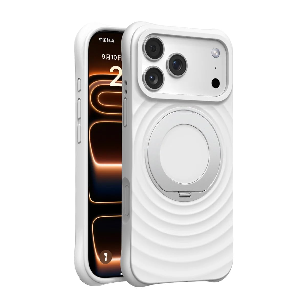 Custodia magnetica per iPhone 17 Pro con anello di supporto girevole, cover in morbido silicone con effetto ondulato (per iPhone 17 Pro/bianco)