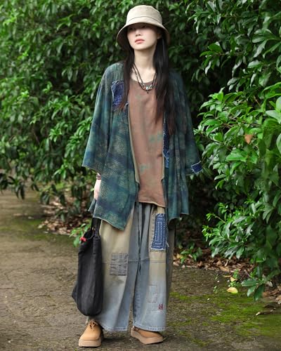 Women's Boho Patchwork Jacket Loose Fit Green Plaid Cotton Casual Top Artistic Design Spring Summer Layering2