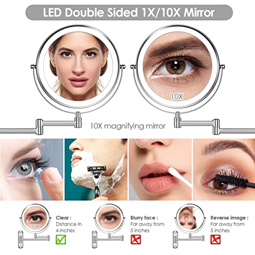 Rocollos Upgraded Base Version Rechargeable Wall Mounted Lighted Makeup Mirror Chrome With 3 Color Lights,Dimmable Touch Screen,8 Inch Led Double Sided 1X/10X Magnifying 360°Swivel 13 Inch Retractable #TOP3