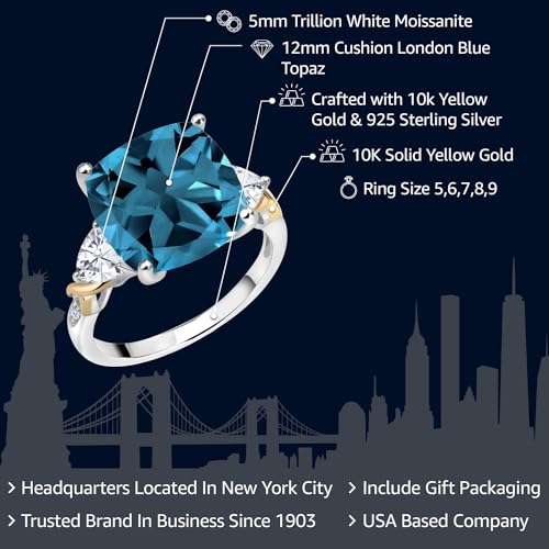 Gem Stone King 9.75 Cttw London Blue Topaz White Moissanite and Diamond Ring For Women | 925 Silver and 10K Yellow Gold | 12MM Cushion and 5MM Trillion | Available In Size 5, 6, 7, 8, 94