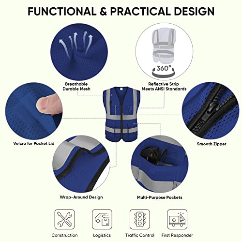 Ticonn Reflective Safety Vest High Visibility Class Ii Mesh Vest For Women & Men Meets Ansi Standards (1Pk, Blue, L) #TOP2