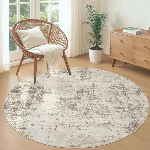 5ft Round Area Rug Living Room Rugs - 5x5 Washable Neutral Modern Abstract Soft Thin Rug Indoor Floor No Slip Rug Carpet for Bedroom Under Dining Table Home Office Decor - Golden Grey