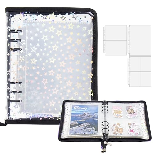 Image of A5 Sticker Organizer Binder with Zipper Closure, Reusable Sticker Storage Album with Pockets, Perfect for Collecting, Organizing, and Displaying Stickers (Star-Black)
