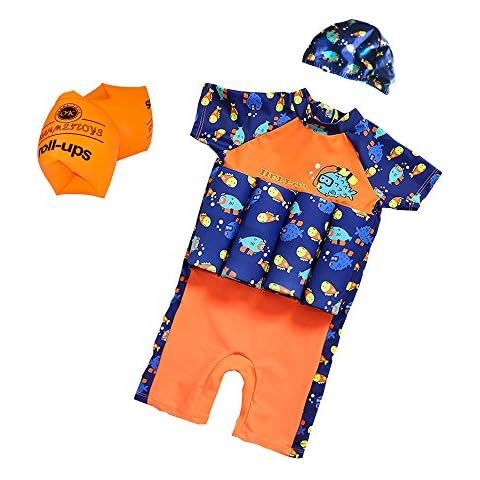 ESA Supplies Floating Swimsuits for Kids Toddlers, Orange and Blue Color with Swimming Cap and Inflatable Arm Ring, Medium Cover