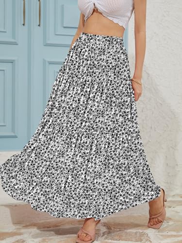 NASHALYLY Skirts for Women Boho Elastic Waisted Drawstring Swing Ruched 3 Tiered Maxi Skirt with Pockets2