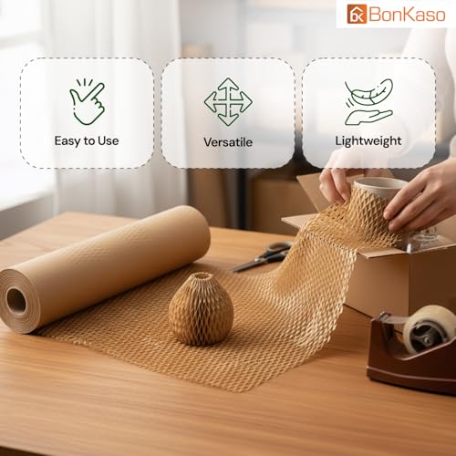 Image of BonKaso Honeycomb Paper Wrap Roll 50M x 12 Inch | 80 GSM Eco-Friendly Brown Packaging Roll | Cushioning & Shockproof Wrap for Fragile Items | Sustainable Packing Material for Shipping