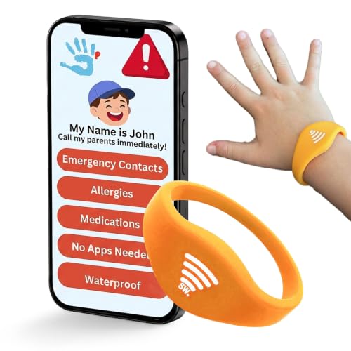 Image of Kids ID Bracelet - Fitted NFC Safety Wristband, Slip-On Child ID Band for Emergency Contact Info, Waterproof Silicone, Not GPS, Wear on Wrist or Ankle, Ideal for Theme Parks, Travel & Beaches