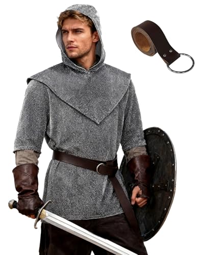 UQJE Chain Mail Shirt Knight Costume Men Medieval 3 Pcs Cowl Belt M