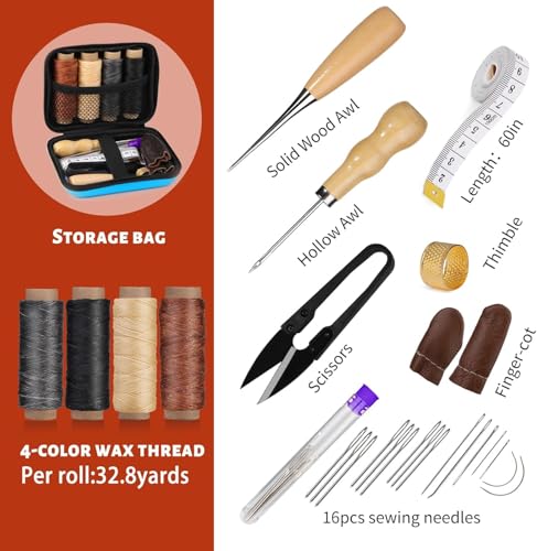 Image of Leather Sewing Kit, Leather Stitching Kit with Sewing Awl, Needles, Waxed Thread, Upholstery Repair Kit, Heavy Duty Sewing Tools for Hand Stitching Car Seats, Sofa, Carpets, Shoes, DIY Craft