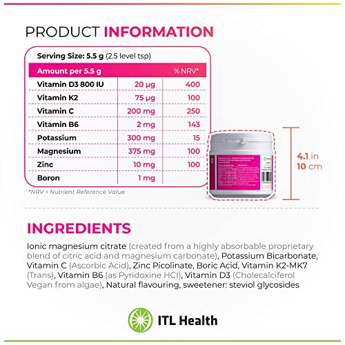 Mag365 Magnesium | Itl Health | Bone Support Formula | Ionic Magnesium Citrate | Zinc | Vitamin C, B6, D3, K2 | Boron | Potassium | Natural Flavor | 180G Powder For Optimal Health #TOP6
