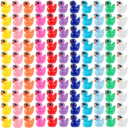 110 Pcs Mini Resin Ducks with Sunglasses, 11 Colors, Mini Resin Ducks Bulk Tiny Ducks Set for Potted Miniature Decoration Garden Dollhouse Cake Decoration DIY Slime Kit Craft Charms Party Toys