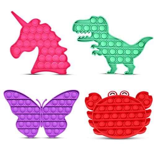 OAKKART Push Pop Bubble Fidget Sensory Toys 4 Pack Pop It Stress Relief Anxiety Reliever Games Special Need Autism ADHD Silicone Squeeze Popping Gift set Unicorn Dinosaur Butterfly Crab for Kids Adult