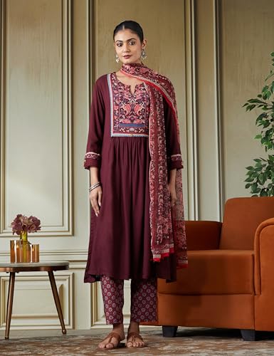 Image of BIBA Women Rayon Viscose Gathered Solid Suit Set