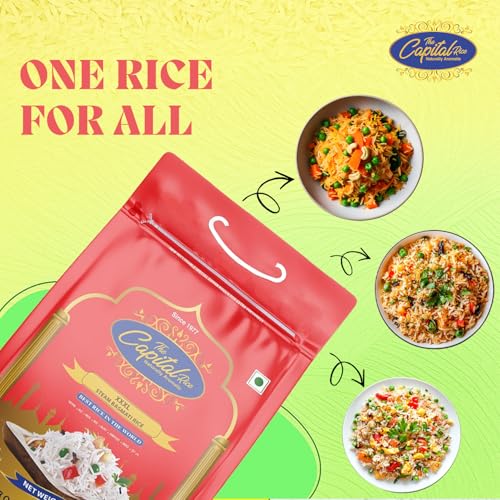 Image of The Capital XXXL Steam Basmati Rice - 5Kg | Premium Aged Long-Grain Rice | Naturally Aromatic, Extra Long, Fluffy & Non-Sticky | Ideal for Biryani, Pulao & Daily Cooking