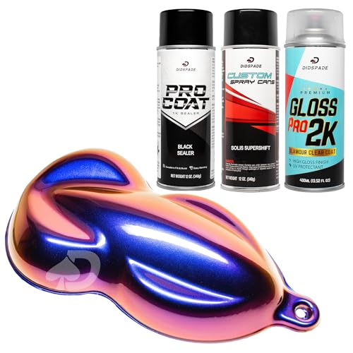Chameleon Spray Paint Kit | Includes Sealer, Aerosol Color Shift Spray Paint, and Gloss Clear for Cars, Bikes, Wheels. (SOLIS BLACK KIT - Blue, Purple, Orange, Gold)