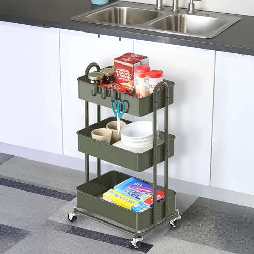 Image of Simple Houseware 3-Tier Heavy Duty Metal Utility Rolling Cart, Army Green