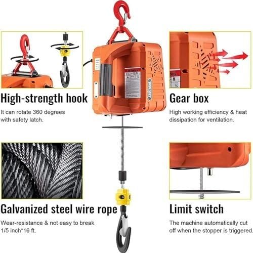 Elektrischer Hebekran mit kabelloser Fernbedienung, 200–500 kg Tragkraft, 1500 W Leistung, 25 Fuß Hubhöhe für den industriellen und privaten Gebrauch(Orange,200kg)