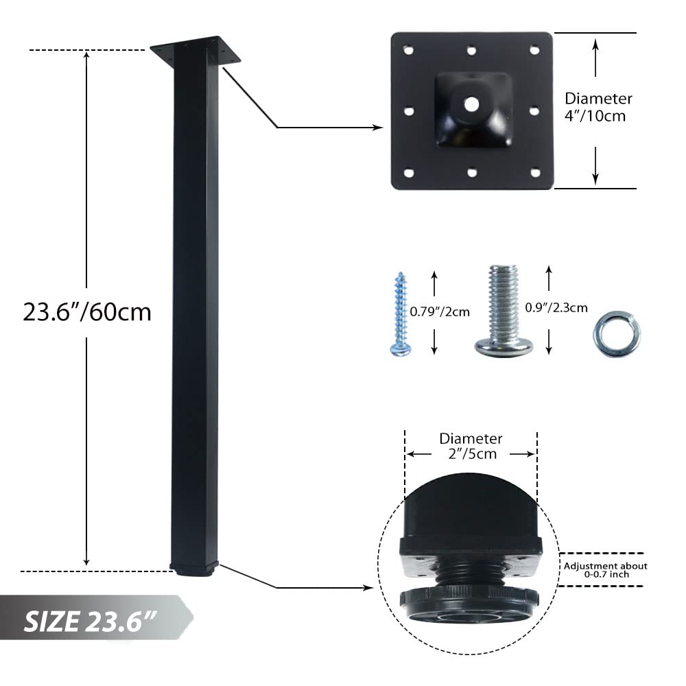 QLLY 60cm/23.6 inch Square Tall Metal Desk Legs, Office Table Furniture Leg Set, Set of 4 (60cm, Black), 60cm/23.6" - Image 2