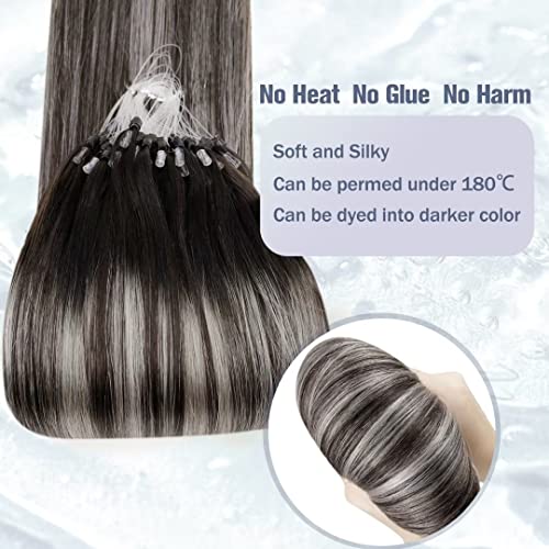 Hetto Micro Beads Hair Extensions Balayage Black Mix Silver 22 Inch, Straight Micro Rings Real Human Hair Prebonded - Image 4