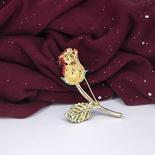Image of YOQUCOL Elegant Cubic Zirconia Crystal Rhinestone Red Rose Shape Brooch Pin for Women Grils