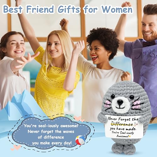 Birthday Gifts for Women Men - Emotional Support Crochet Seal with Positive Card, Inspirational Animal Companion for Coworkers Friends Mom Dad, Cute Desk Decor for Christmas Graduation Anniversary