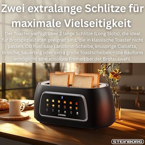 Bild 2 - Steinborg® Automatik Toaster mit Brötchenaufsatz 4 Scheiben Automatische Liftfunktion ohne Hebel - Langschlitztoaster Toastautomat Digitales Display Brotzentrierung Restzeitanzeige Abschaltautomatik