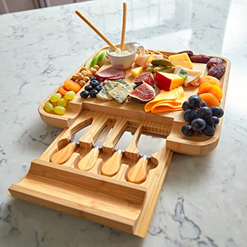 RoyalHouse Bamboo Cheese Board and Knife Set with Slide-Out Cutlery Drawer - Charcuterie Boards Set & Cheese Platter - Birthday Gifts for Women, Wedding Gifts for Couples 2025, Bridal Shower Gifts by RoyalHouse - Image 5