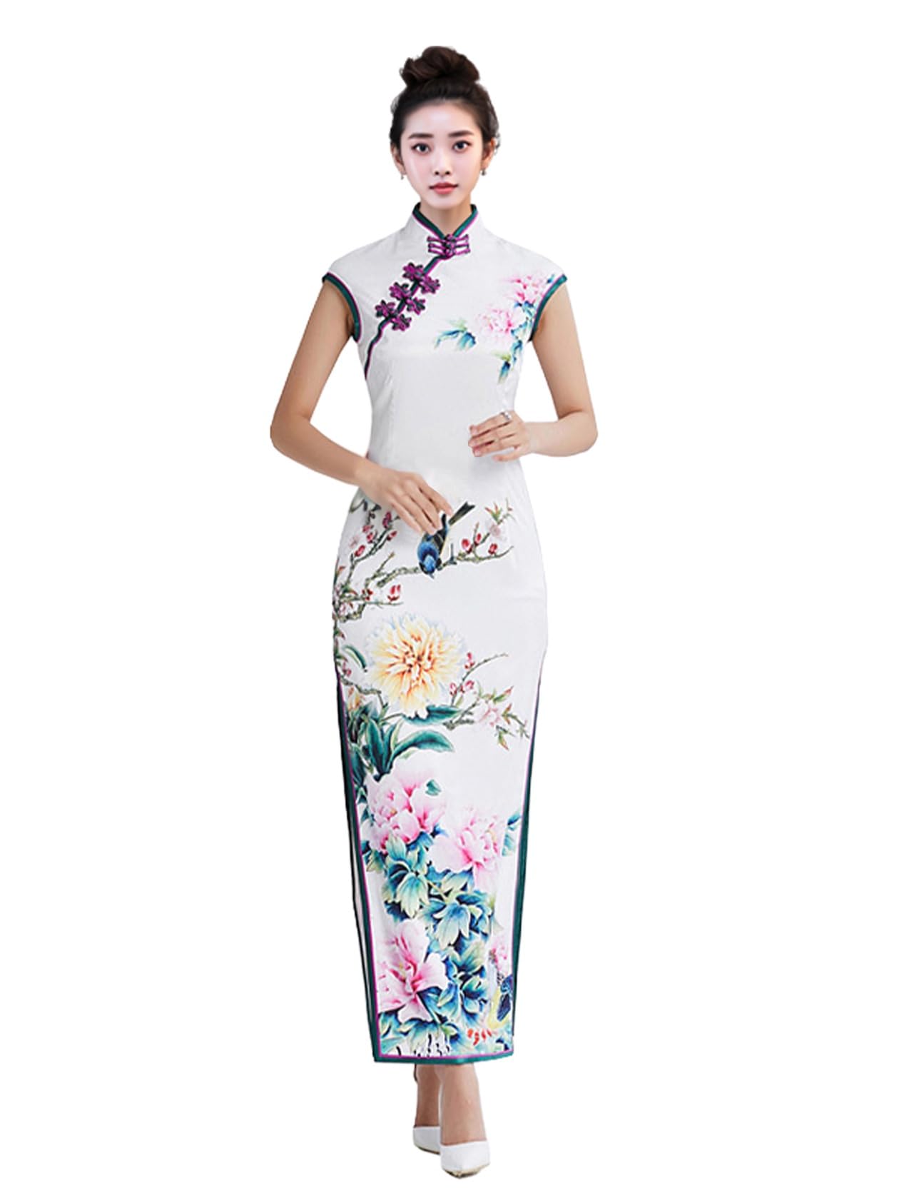 HangErFeng Abito tradizionale con colletto alla coreana Cheongsam stampato in seta floreale 3680