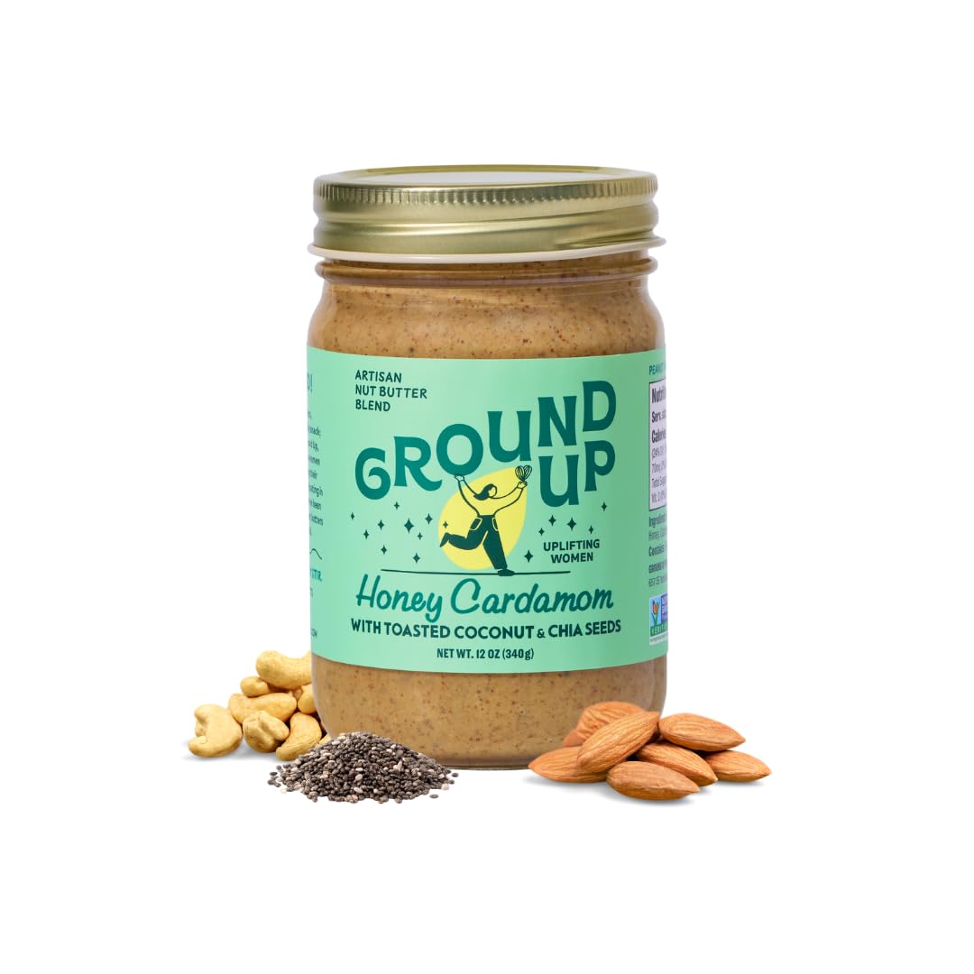 Ground Up Almond & Cashew Nut Butter - Honey Cardamom With Chia Seed - Peanut-Free, Dairy-Free, Gluten-Free, Vegan - 1 Jar 12oz