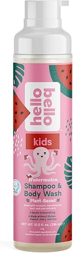 Hello Bello Champú y gel de baño de sandía, sin desgarros, hipoalergénico, dermatólogo y pediatra, fórmula a base de plantas para bebés y niños, 10