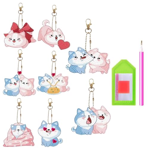 Llavero de arte de piedras preciosas infantil, juego de manualidades de 8 piezas de perros