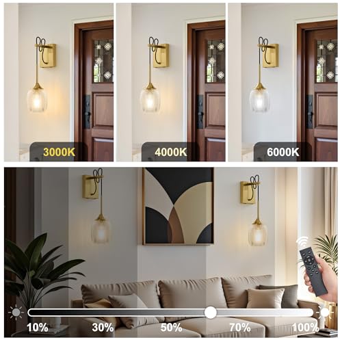 Image of Battery Operated Wall Sconce Rechargeable Wall Light with Dimmable Bulbs Cordless Wall Lamps with Striped Glass Lampshade for Bedroom Living Room Hallway (Gold)
