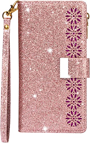Étui portefeuille iPhone 14 Pro en cuir or avec 9 fentes pour cartes et dragonne