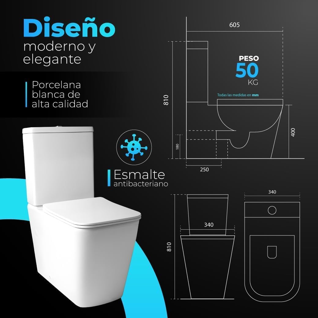 Inodoro Compacto 81x40 Cerámica Rimless WC | Tapa Amortiguada Extrafina Soft Close · Sistema Doble Descarga 3/6L · Salida Dual Horizontal/Vertical