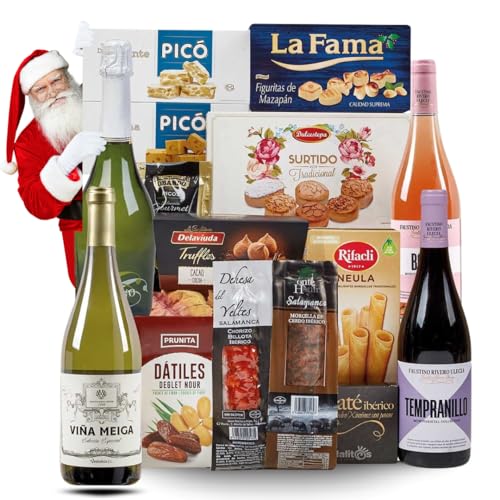FAMILYCOM.Cesta Navidad Gourmet para Regalar. Surtido con Chocolates Originales de Regalo. Lote de Turrón, Mantecados, Polvorones, Embutidos, Selección de Vinos y Champagne, Dátiles y Barquillos.