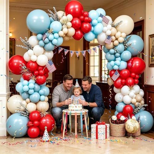 Image of Blue Red White Balloon Arch Kit, Double Stuffed Different Size Dusty Light Blue Red Cream White Beige Latex Balloons for Patriotic Birthday Baby Shower 4th of July Nautical Baseball Party Decor
