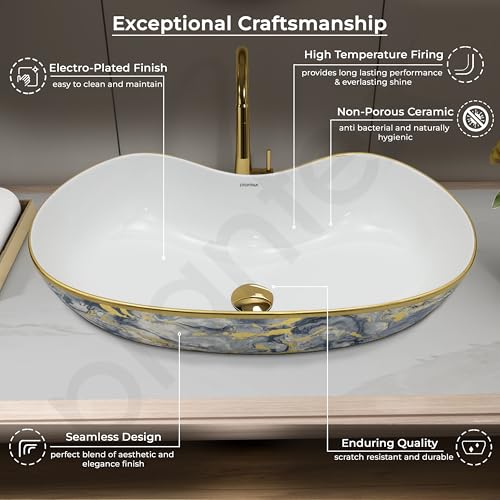 Image of Plantex Ceramic Wash Basin /Table Top Hand Washbasin /Designer Countertop Basin for Bathroom /Restaurants /Hotel (24.5x12.5x 5.5 -White & Blue)