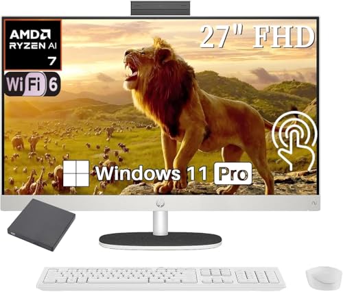 Image of HP 27 inch All-in-One FHD Touchscreen Desktop Computer, AMD Ryzen AI 7 350, 16GB DDR5 1TB PCIe SSD, Includes Wireless Keyboard & Mouse + External 9H 6-in-1 DVD Drive, Windows 11 Pro, White