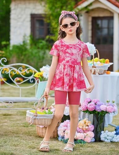 Image of Arshiner Girls Summer Outfits Short Sleeve Ruffle Hem Top and Biker Shorts Set Girl Clothes 4-15 Years