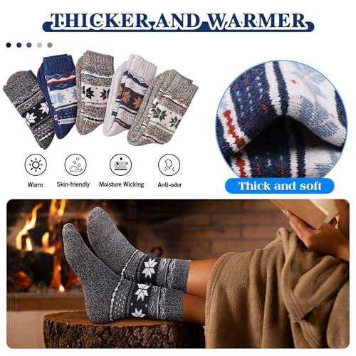 Yeblues 5 Pairs Winter Warm Thick Wool Socks for Men, Thermal Wool Hiking Socks, Breathable Cozy for Men Cold Weather4