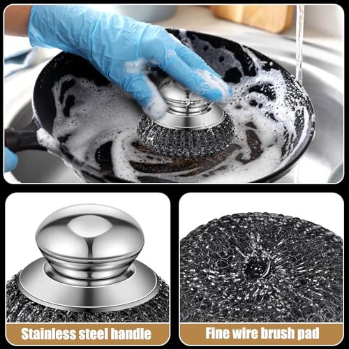 Image of 4 Pcs Stainless Steel Wool Scrubbers with Handle 12 Replacement Metal Cast Iron Scrubber Brush for Cleaning Dishes Kitchen Pots Pan Sink