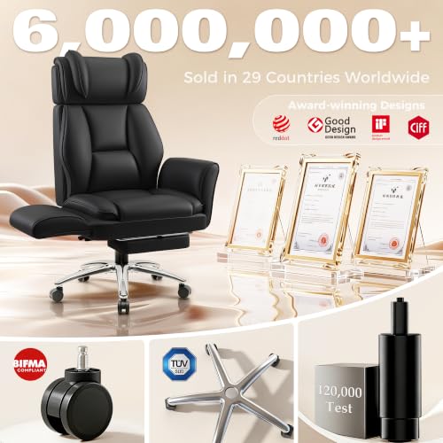 Image of Big and Tall Office Chair, Flip Armrests for Pets & Cross Legged Sitting, Ergonomic Leather Executive Desk Chair with Foot Rest, High-Back Reclining Computer Chairs for Office Home Game - Black