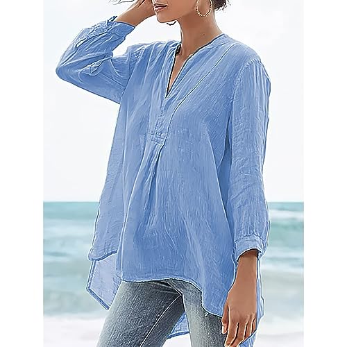 TIAFORD Women's Flowy Linen High Low V Neck Long Sleeve Tunic Top Casual Loose Oversized Comfy Cotton Blouse Shirt2
