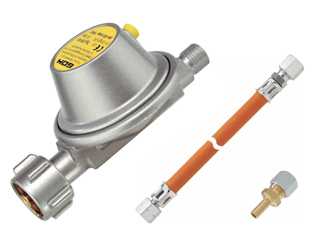 GOK - Regulador de gas para caravana y autocaravana, 30 mbar, 0,8 kg/h, con manguera de gas y adaptador de 8 y 10 mm