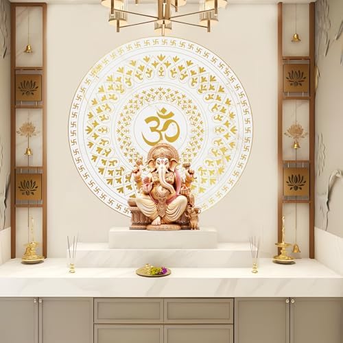 Image of Om Gayatri Mantra Arch Om Mandala Marble 3x3 Feet Wallpaper for Mandir Temple Walls - Self Adhesive Peel & Stick Removable UV Print (36x36 inch)