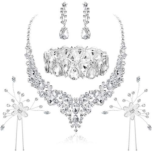 Hanpabum Bridal Austrian Crystal Teardrop Cluster Statement Necklace Dangle Earrings Jewelry Set Gifts Fit With Wedding Dress