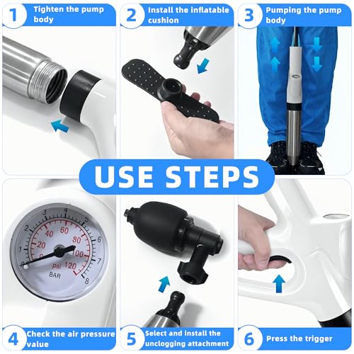 Image of FREESEA Toilet Plunger Clog Remover: High-Pressure Air Drain Blaster Tool - Heavy Duty Air Plunger with Real-Time Barometer for Bathroom Floor Drain Kitchen Sink Clogged