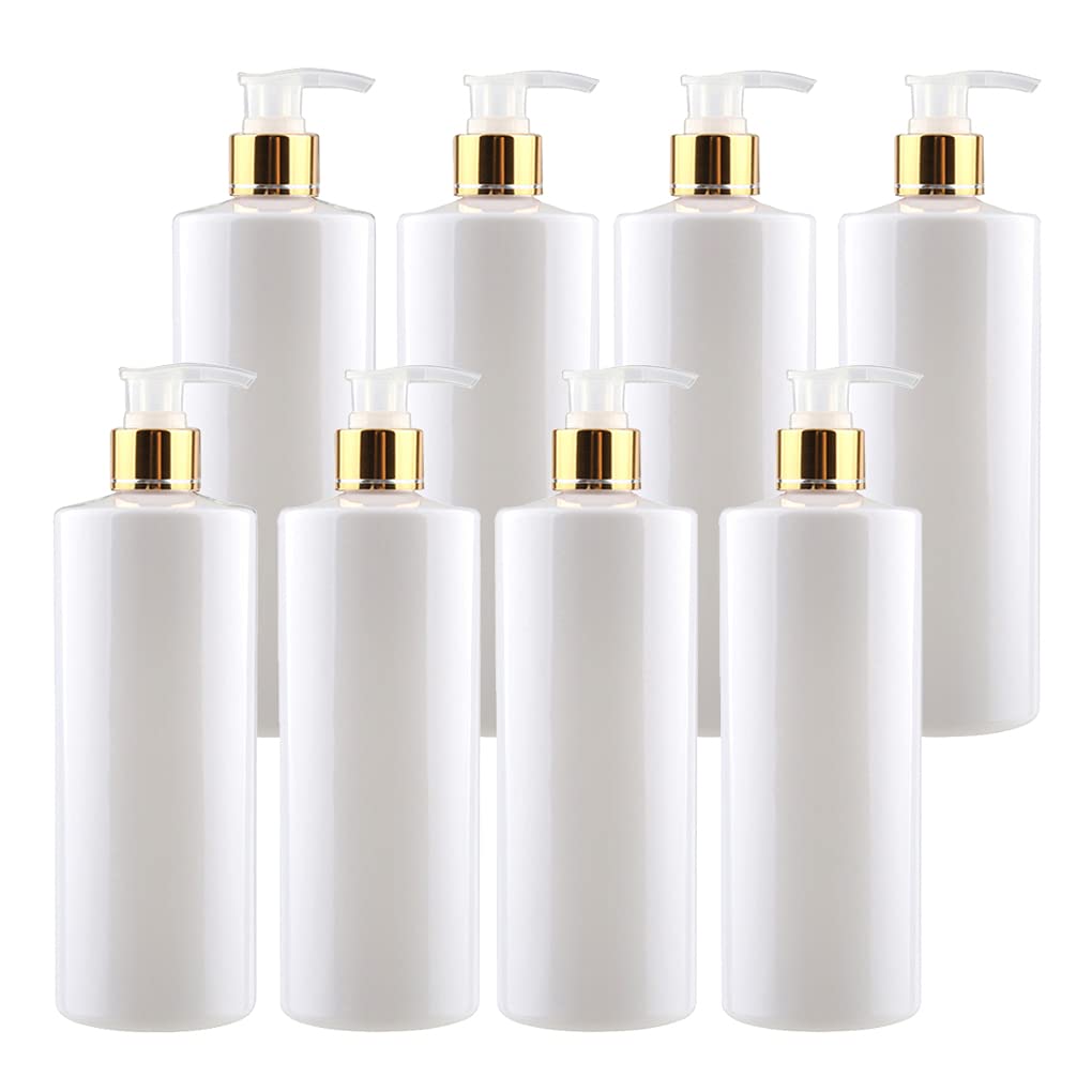 ZEOABSY Pack of 8 500ml Dispenser Pump White PET Plastic Bottle With Gold/Transparent Lotion Pump - Refillable Bathroom Shampoo Body Oil