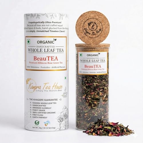Image of Kangra Tea House Organically Grown Hibiscus Rose Green Tea for Hair & Skin Detox | Wellness Tea for Improved Digestion | Richest Source of Antioxidants - BeauTEA | 100g = 60 Glasses
